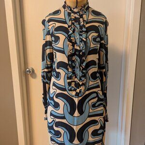 DVF Diane Von Furstenberg Gaudi Wave Blue Tan Black Silk Sheath Dress Sz 4